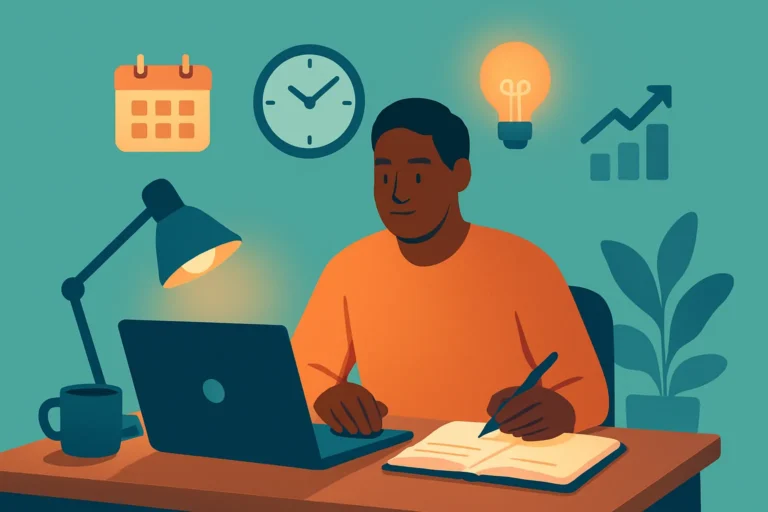 Illustration of an adult studying at home in the evening with a laptop, notebook, coffee, calendar and clock