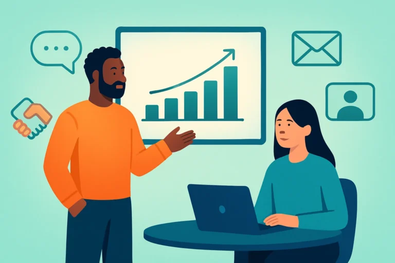 Illustration of a professional presenting a rising chart to a colleague with a laptop, with email, video-call and handshake icons