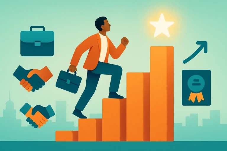 Illustration of a professional with a briefcase climbing steps shaped like a rising bar chart towards a glowing star