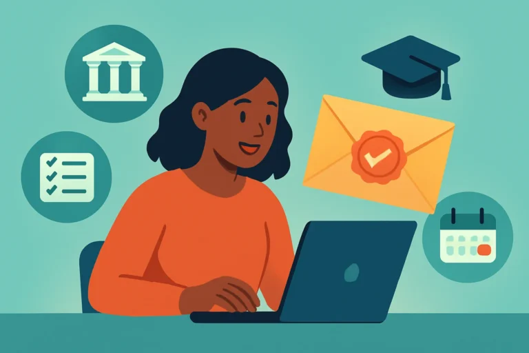 Illustration of a student submitting a university application on a laptop, with an acceptance envelope, university building, checklist and deadline calendar