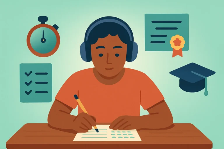 Illustration of a test taker in headphones filling in an answer sheet, with a stopwatch, checklist, certificate and graduation cap