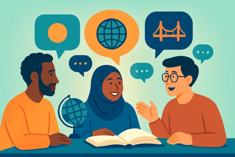 Illustration of adult learners from different cultures talking around a table with an open book, a globe and speech bubbles