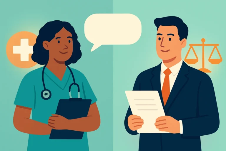 Illustration of a nurse with a stethoscope and clipboard beside a lawyer holding a document and scales of justice