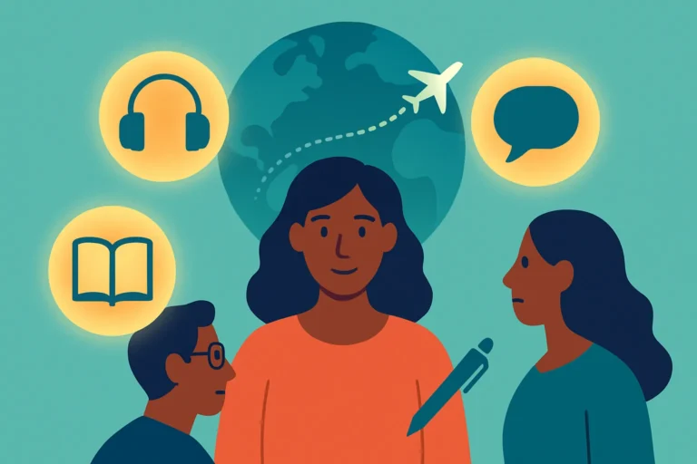 Illustration of candidates surrounded by icons for listening, reading, writing and speaking, with a globe and an aeroplane route