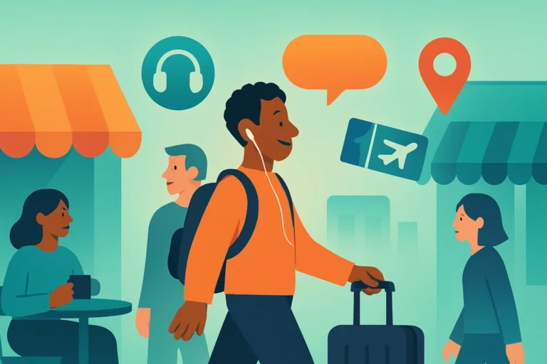 Illustration of a traveller with earbuds walking down a lively city street past cafes, with speech bubbles, a map pin and a ticket