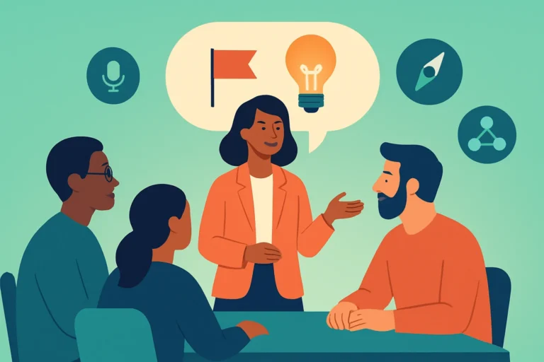 Illustration of a team leader speaking confidently to a diverse team around a table, with a speech bubble holding a flag and a lightbulb