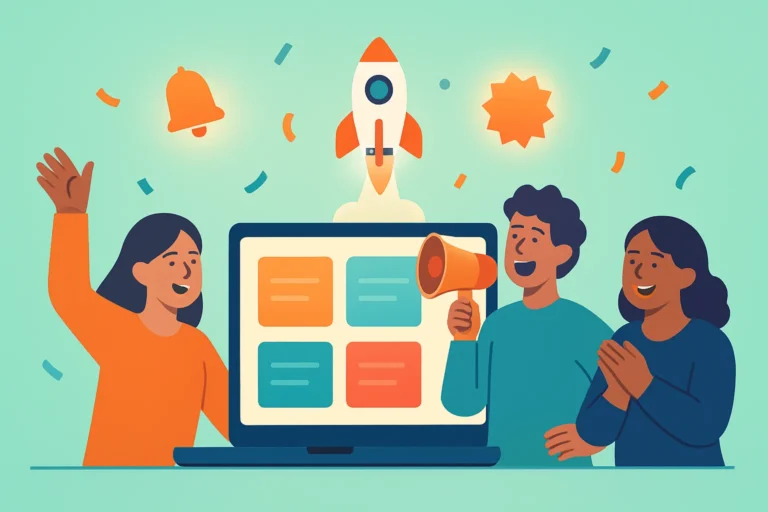 Illustration of a team celebrating a launch around a laptop showing course cards, with a megaphone, rocket, bell and confetti