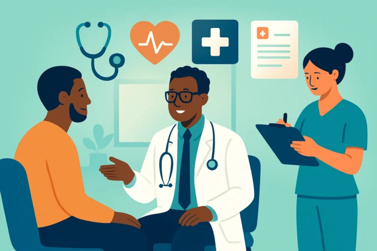 Illustration of a doctor talking with a patient in a clinic while a nurse writes on a clipboard, with stethoscope and heartbeat icons