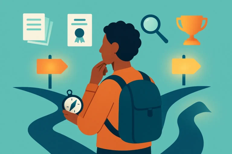 Illustration of a learner with a compass choosing between branching paths and signposts, with exam booklets, a certificate, a trophy and a magnifying glass