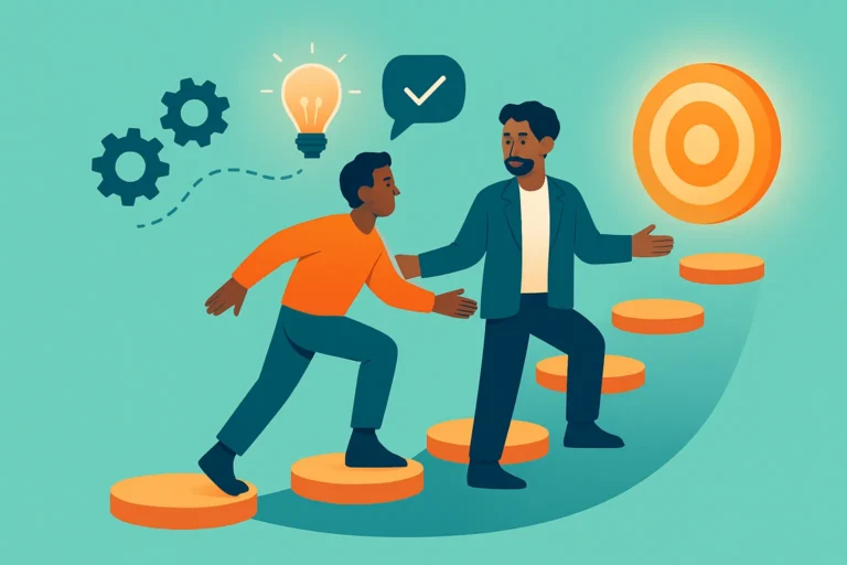Illustration of a coach guiding a learner up stepping stones towards a glowing target, with gears, a lightbulb and a feedback tick