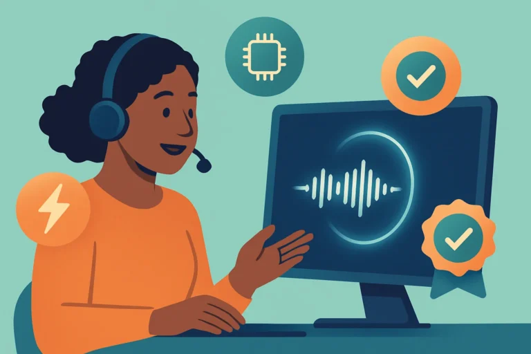 Illustration of a candidate wearing a headset speaking into a microphone at a computer showing a sound waveform, with fast-result and checkmark icons
