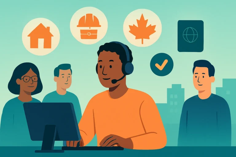 Illustration of an adult candidate wearing a headset taking a computer-based English test, with home, skilled work, maple leaf and passport icons