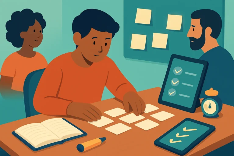 Illustration of a learner arranging flashcards at a study desk with a notebook, highlighter, timer and checklist tablet