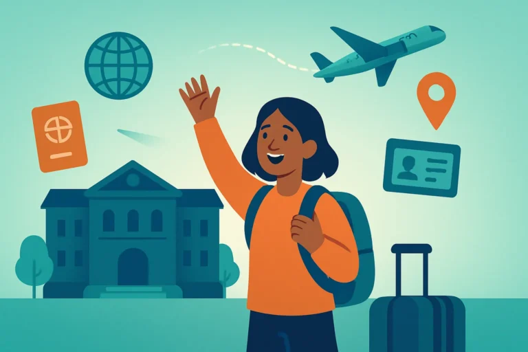 Illustration of an international student with a backpack and suitcase waving outside a university, with an aeroplane, globe, passport and map pin