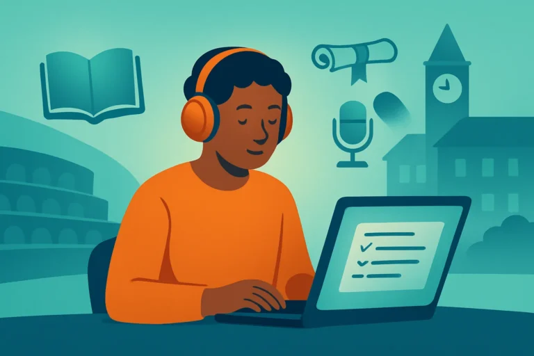 Illustration of a student in headphones taking an academic English test on a laptop in a campus library, with a book, microphone and clock tower