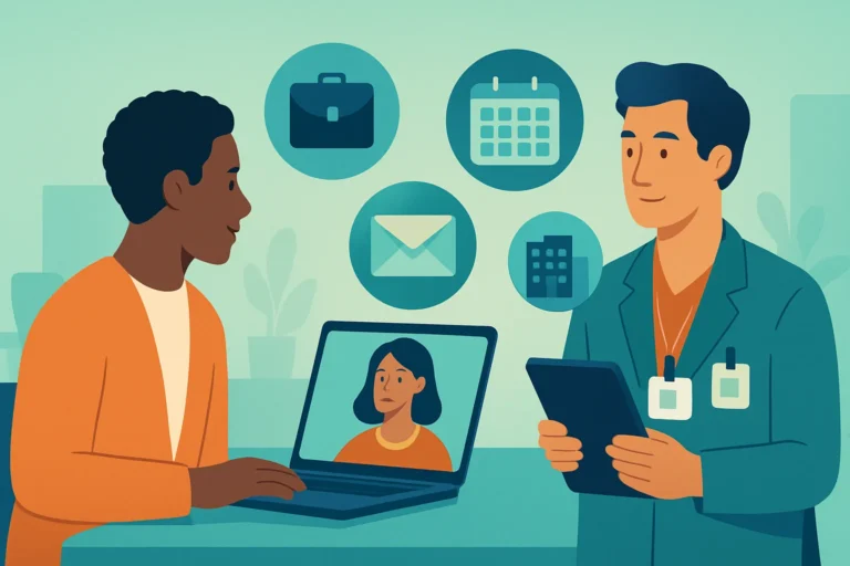 Illustration of two office professionals on a video call and using a tablet, with briefcase, calendar, email and office building icons