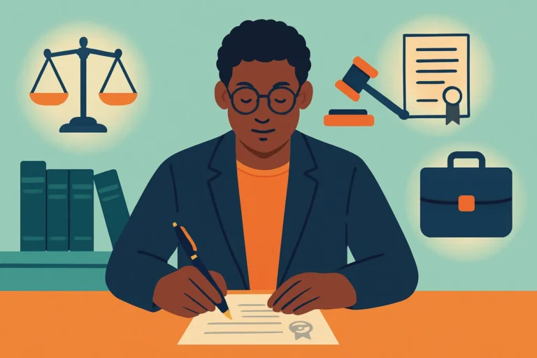 Illustration of a lawyer signing a contract at a desk with law books, scales of justice, a gavel and a briefcase
