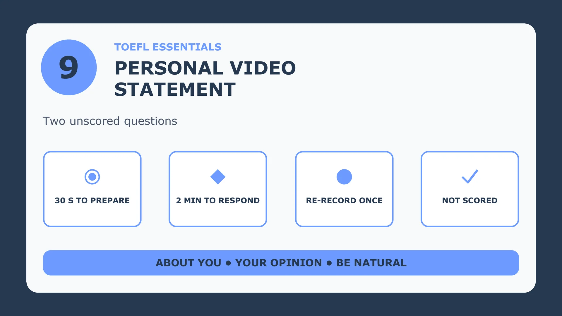 TOEFL Essentials Personal Video Statement: 30 seconds to prepare, 2 minutes to respond, re-record once, not scored