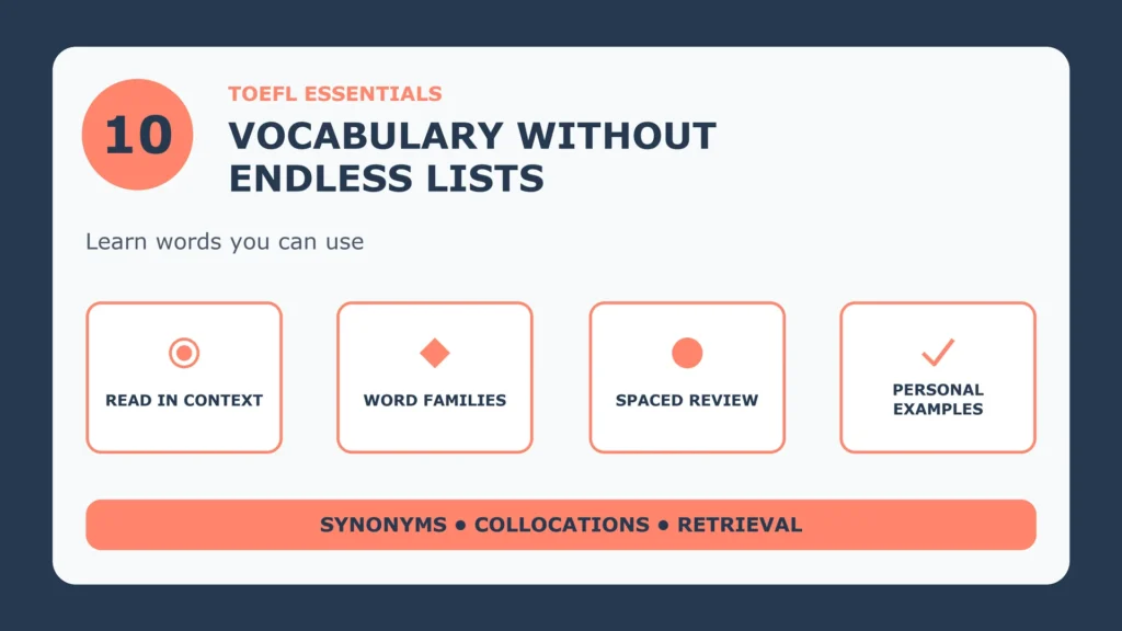 Building TOEFL Essentials vocabulary: read in context, word families, spaced review, personal examples