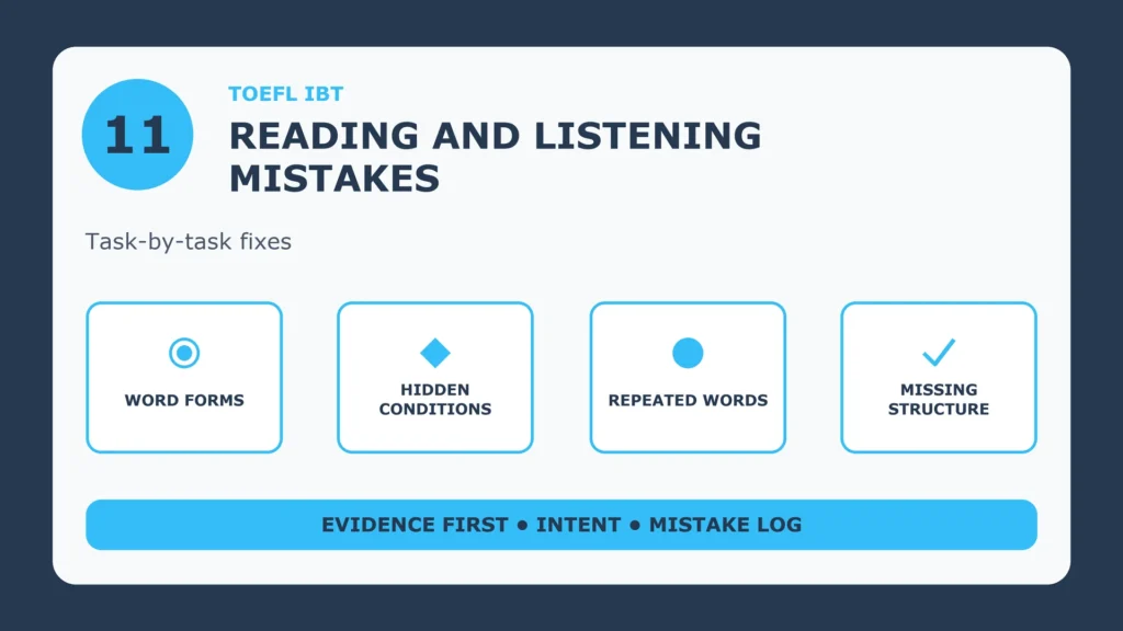 TOEFL iBT Reading and Listening mistakes: word forms, hidden conditions, repeated words, missing structure