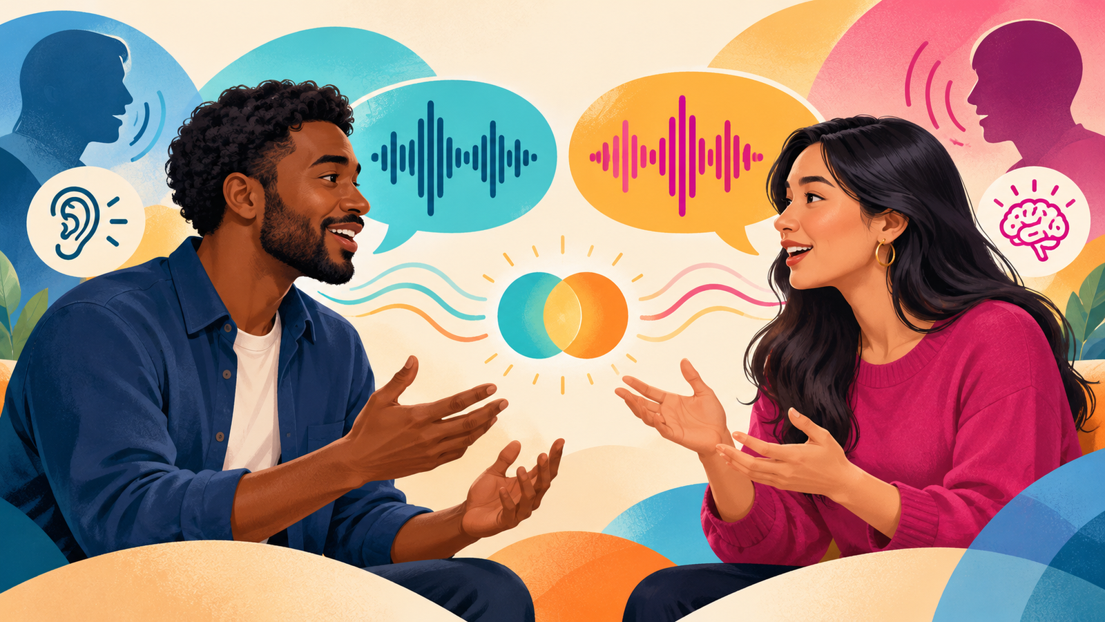 Two adult English speakers communicating clearly across accents