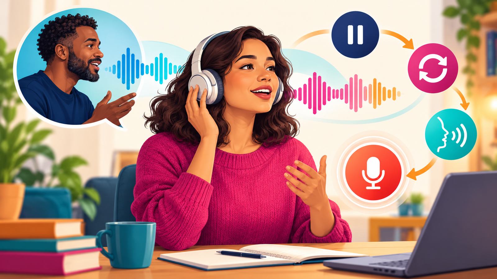 Adult learner practising pronunciation by shadowing audio