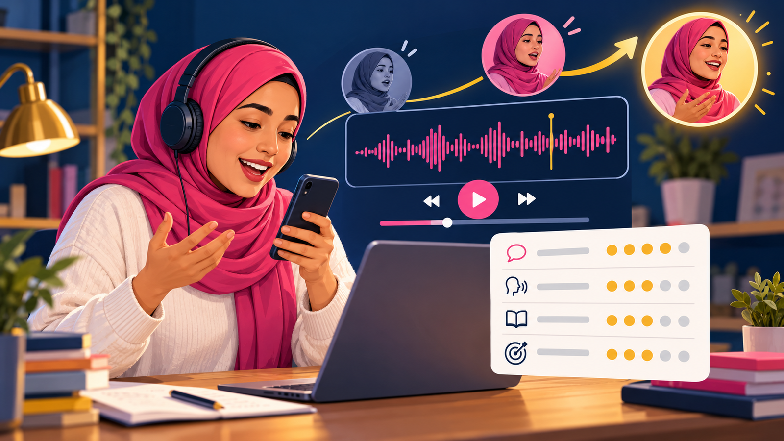 Learner using a speaking recording for self-assessment